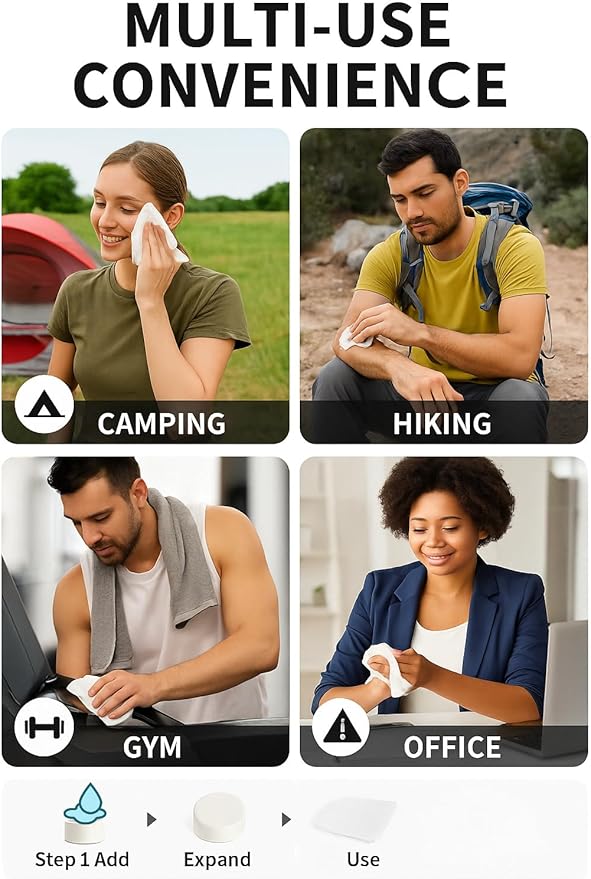 Compressed Towels – Travel-Size Compact Towels for Camping, Hiking, Gym & Outdoor Use – Lightweight, Expandable & Reusable