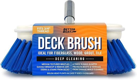 Medium Boat Deck Brush, Heavy-Duty Marine Brush Head, 8" Bristle with Bumper, 3/4" Thread Handle, for RV, Truck, and Auto Cleaning