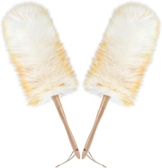 ONESIMUS 2 Pack Lambswool Dusters Fluffy Handheld Natural Feather Duster, 16.1 inch Washable Reusable Wool Dusters with Solid Wooden Handle for Cleaning Ceiling Fan, Interior, & Car etc