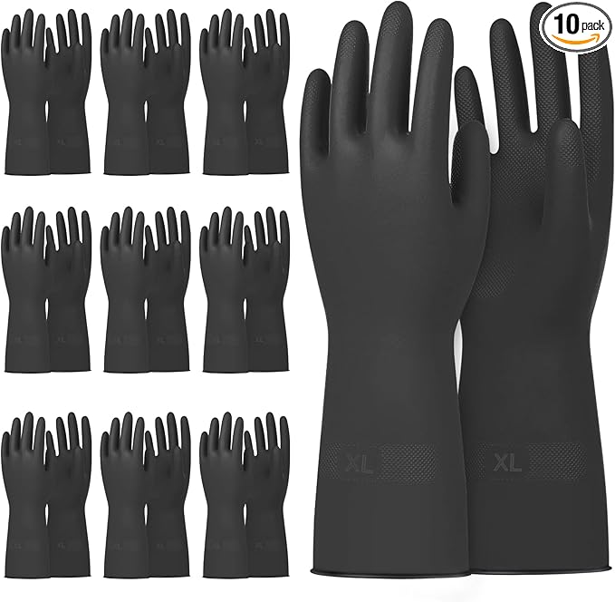 Beieverluck 10 Pairs X-Large Black Chemical Resistant Gloves, Heavy Duty Rubber Cleaning Gloves with Textured Grip and Extended Cuffs