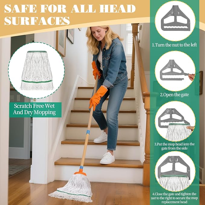 BOHUIZ 20oz Commercial Mop Head Replacement, 6 Pack Heavy Duty Industrial Cotton Loop-End String Wet Mop Head Refills for Home Garage Office Kitchen Industrial Floor Cleaning (White, Green)