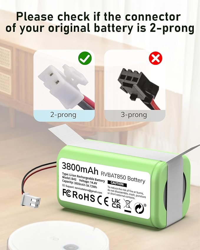 3800mAh RVBAT850 Battery, Battery Replacement for Shark Vacuum, Suitable for Rvbat850 Shark Ion-battery R75, RV761, RV850C, RV1000S, RV1100VL, RV101AE, UR1000SR, RV700_N, RV720_N(2-Prong Connector)