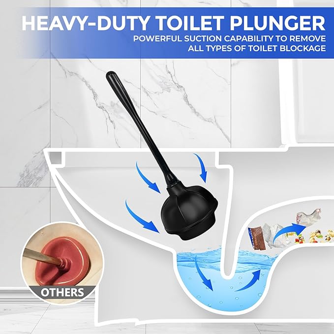 2 in 1 Toilet Brush and Plunger Set - Toilet Brush with Solid Handle, Stand and Holder for Deeply Cleaning in Bathrooms - Plastic Toilet Brush and Holder Set in Black