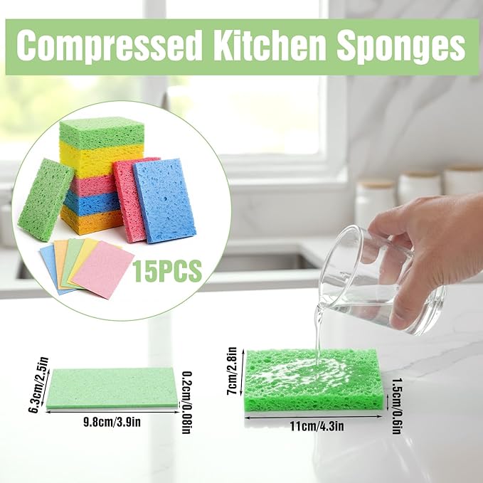 LIQWEI 15 Pcs Cellulose Sponges Kitchen, 5 Colors Non-Scratch Colorful Sponges, Compressed Sponge Kitchen Multipurpose Kitchens Sponge Pack for Kitchens, Bathroom, Cars, Funny Cut-Outs DIY