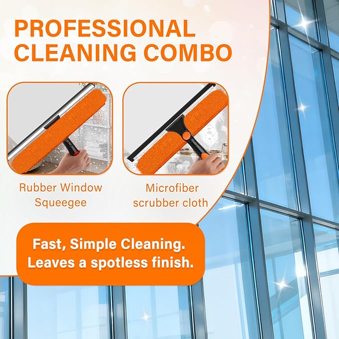 Jhkopqe 26FT Telescoping Window Cleaning Kit with 14" Squeegee - 2-in-1 Professional Window Scrubber & Extension Pole - Extra Long High-Reach Glass Cleaner Tool for Indoor & Outdoor High Windows, RV