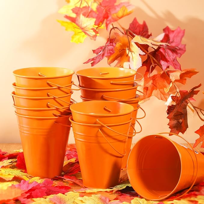 Sadnyy 6 Pack Galvanized Bucket, 5" Metal Bucket with Handles, Metal Buckets and Pails, Kids Party Supplies, Toy Container Table Centerpiece Decoration(Orange)