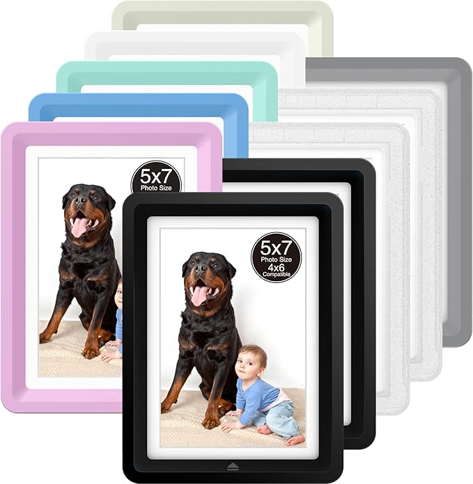 10-Pack 5x7 Picture Frame or 4x6 with Mat – Shatterproof Plastic Photo Frame for Family, Nursery & Playroom, Wall & Tabletop Picture Frames for Home or Office, Safe Lightweight Design, in Mixed Colors