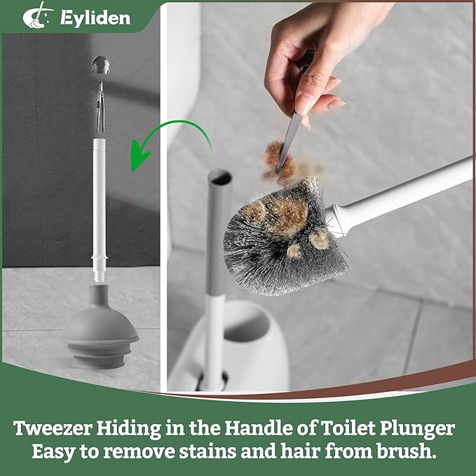Eyliden 2 Pack Toilet Plunger & Brush Set, Upgrade 3-Step Suction Cup - Ultra-Tight Seal, Durable, Space-Saving Toilet Deep Cleaning Combo with Holder, Bathroom Essentials (2 Pack, White & Grey)