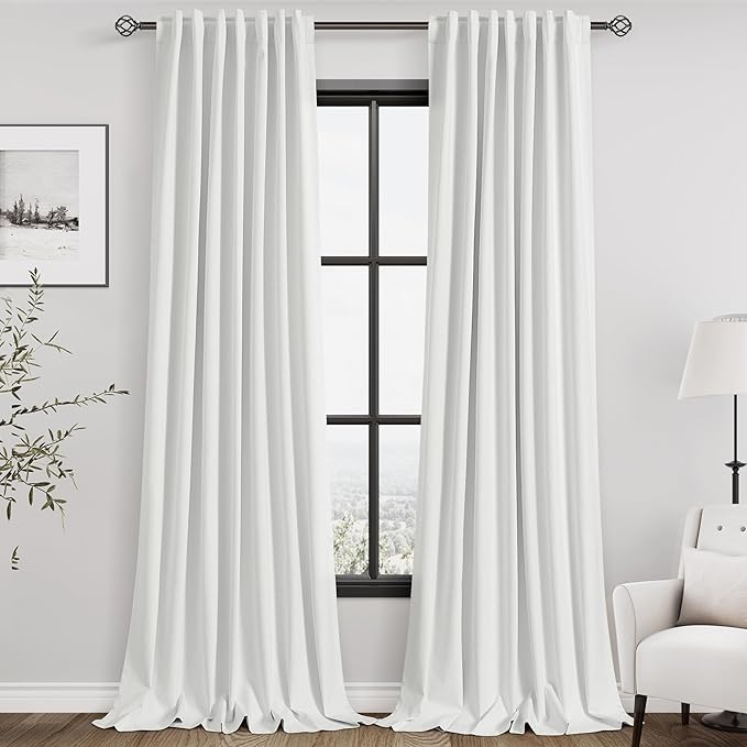 Off White Linen Curtains 90 inch Length 2 Panels Set for Bedroom Thermal Insulated 100% Blackout Linen Drapes Back Tab Neutral Rustic Modern Farmhouse Room Darkening Curtain 52x90