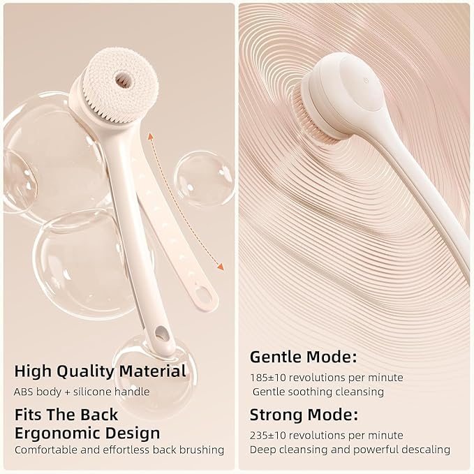 Oh,XIYU. Electric Body Brush Back Scrubber for Shower, Waterproof Long Dual Handle Power Body Scrubber with 3 Heads, Rechargeable Bath Brush & 2 Speeds, for Cleansing, Exfoliating and Massaging Skin