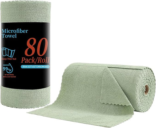 Tigona 80 Pack Microfiber Cleaning Cloth Roll,Lint Free Rags & Tear Away Reusable Towels Washable Scratch,Ultra Absorbent Dish Rags(12" x 12") for Car Kitchen Home Garage-Green