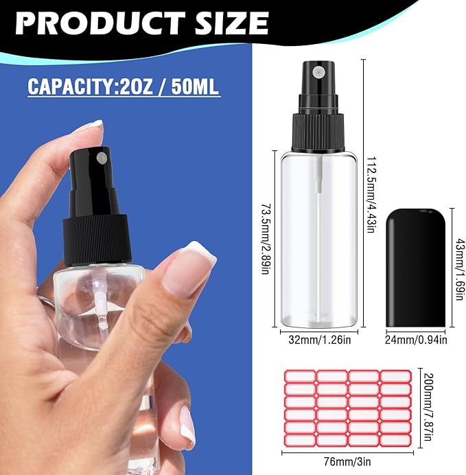 10 Pack 2oz/55ml Plastic Spray Bottles Travel Size Spray Bottle with Black Cap Empty Fine Mist Spray Bottles Refillable Liquid Container for Perfumes Travel Makeup