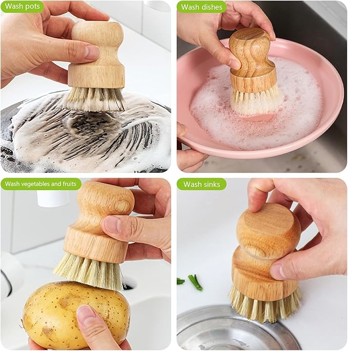 Natural Wooden Dish Brush，Kitchen Bamboo Scrub Brush for Dishes，2 Pack (Style-B, Small)