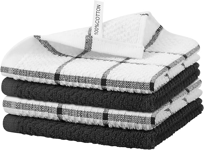 Nialnant 4PCS Cleaning Rags,100% Cotton Terry Dish Rags for Washing Dishes,Quick Drying Dish Cloths,Dish Towels for Kitchen,Black-12x12in