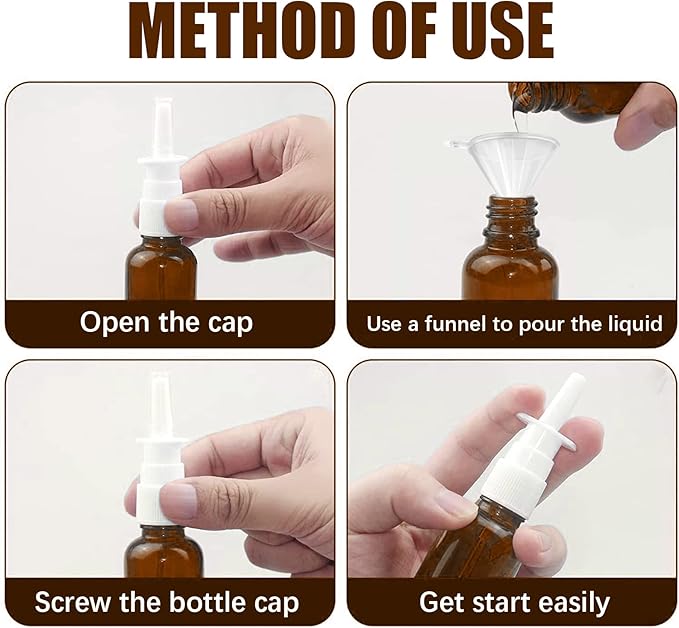 Cupohus Nasal Spray Bottle, 3 Pcs 30ML/1oz Amber Glass Refillable Fine Mist Sprayers Atomizers, Travel Sized, Empty Nasal Sprayer with Funnels and Labels