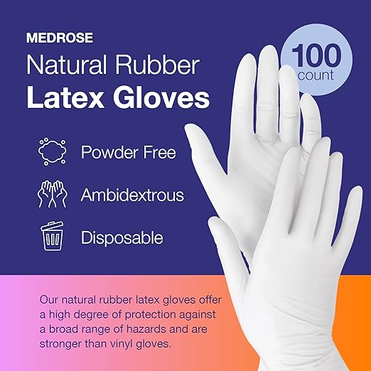 MedRose Medium Latex Gloves - 100 Count Rubber Gloves - Disposable Gloves Powder Free, Waterproof, White