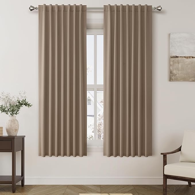 Nanspring Tan 100% Blackout Curtains 63 inches Long for Bedroom Boho Farmhouse Back Tab Rod Pocket Thermal Insulated Textured Short Room Darkening Curtains 2 Panels Set 52x63 Inches