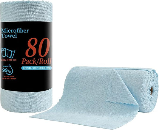 Tigona 80 Pack Microfiber Cleaning Cloth Roll,Lint Free Rags & Tear Away Reusable Towels Washable Scratch,Ultra Absorbent Dish Rags(12" x 12") for Car Kitchen Home Garage-Blue