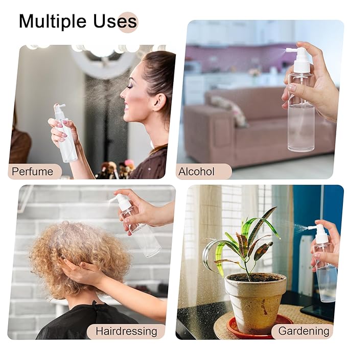Yebeauty 4 Pack Refillable Small Spray Bottles Plastic Empty Fine Mister Long Mouth Travel Spray Bottle with Tight Cap Durable Sprayers Atomizer for Hair Perfumes Cleaning, 200ml/6.8oz Clear