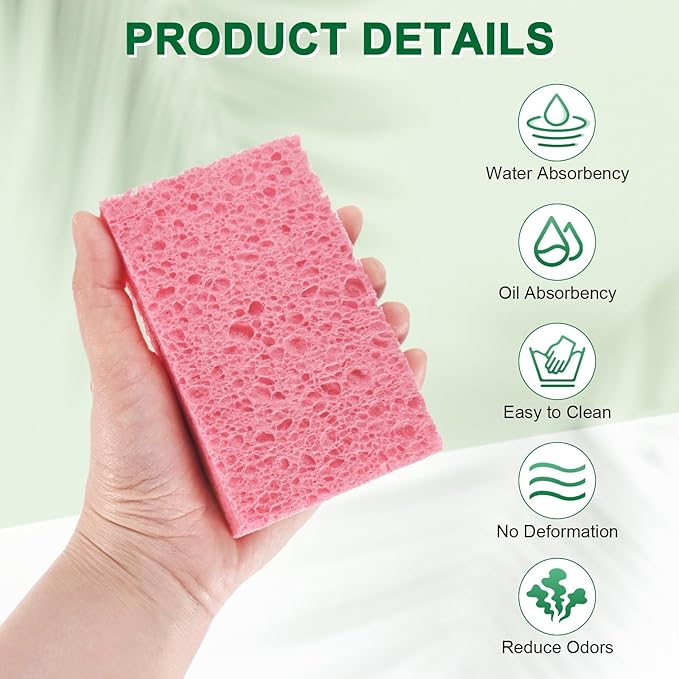 M METERXITY 12-Pack Kitchen Sponges, Condense Eco Cellulose Non-Scratch Scrub Heavy Sponge for Kitchen/Household/Bathroom, Clean Tough Messes Dish Scrubber [Pink]