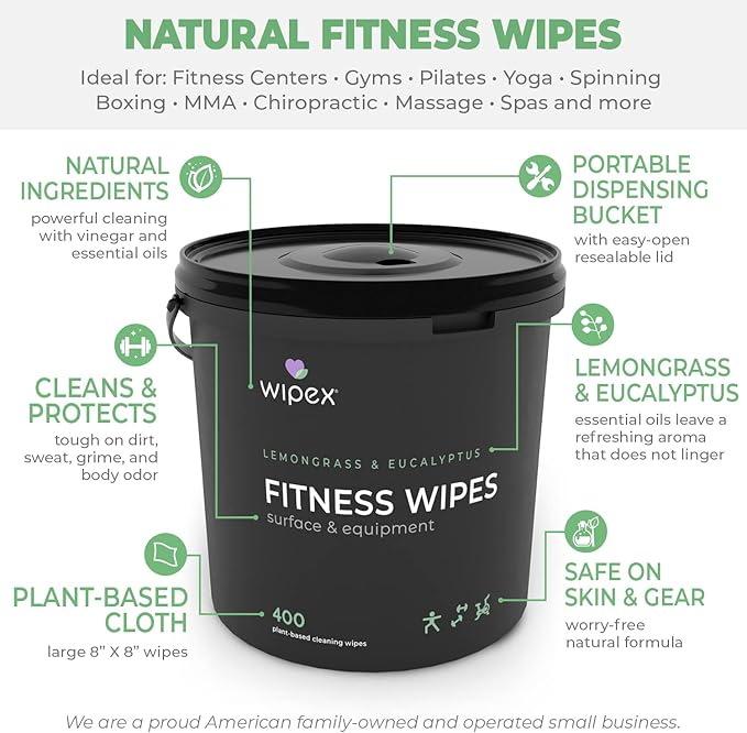 Wipex Gym Plant-Based Wipes, Natural Surface & Equipment Cleaning with Lemongrass, Eucalyptus & Vinegar for Home or Fitness Studio, Great on Yoga Mats, Peloton Bike, 400 Count (Pack of 2)