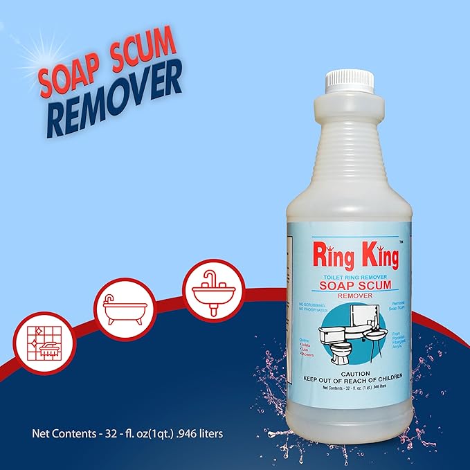 Amazon Brand - Ring King Toilet Soap Scum Remover For Shower | 32OZ Fast Acting Hard Water Stain Remover – Multi-Surface Bathtub Cleaner For Tile, Glass, Limescale & Sink – No Scrubbing