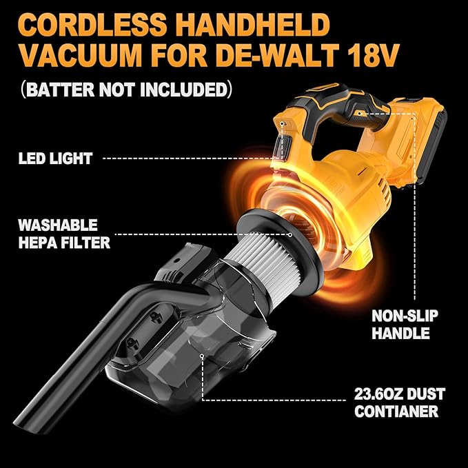 CAMXTOOL Cordless Vacuum for Dewalt 20V Battery, Portable Handheld Vacuum Cleaner with 2 HEPA Filter, 4 Multi Nozzle, Power Shop Vacuum for Home, Car, Floor, Carpet (Battery Not Included)