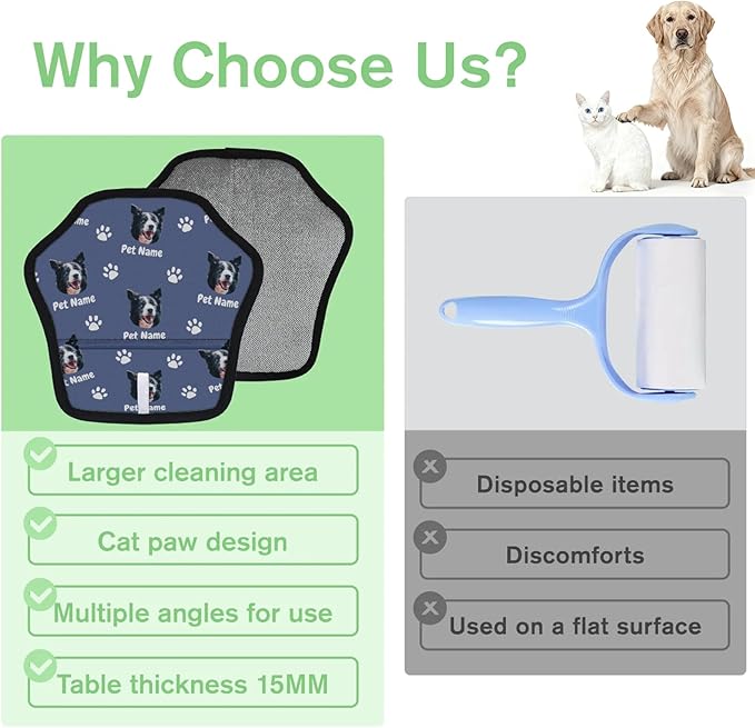 Personalized Pet Hair Remover Glove for Dogs & Cats - Custom Photo & Name Magic Brush for Dog Cat Hair Removal, Reusable Electrostatic Pet Hair Gloves for Furniture Carpet Couch, Face Paw Blue