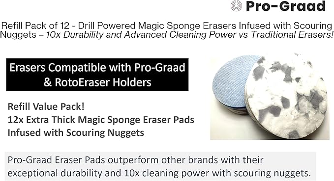 Refill Pack of 12 Drill Powered 3.5” Magic Sponge Erasers Infused with Scouring Nuggets, 10x Durability vs Traditional Erasers, Advanced Cleaning for Bathroom Kitchen Floors, Round 3.5"x1.25" Thick
