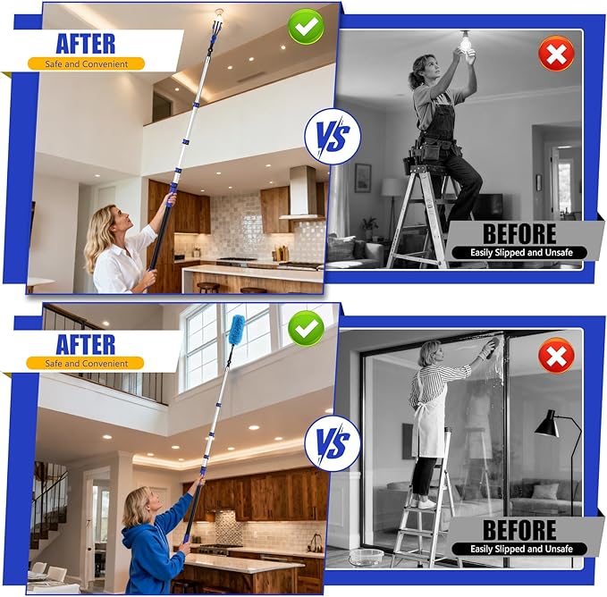 20FT Light Bulb Changer for High Ceilings with 5-12FT Heavy Duty Extension Pole,High Ceiling Ceiling Fan Cleaner Duster Kit for Home & House High Window, Interior Roof Window Cleaning Blue