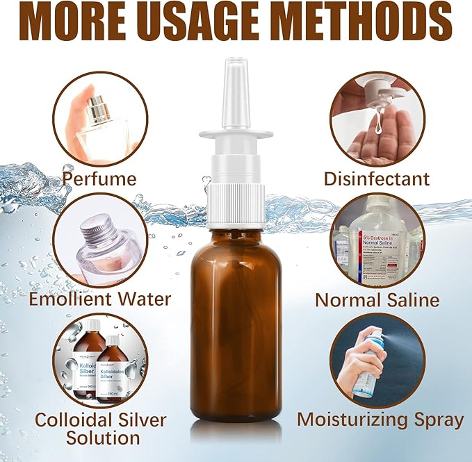 Cupohus Nasal Spray Bottle, 3 Pcs 30ML/1oz Amber Glass Refillable Fine Mist Sprayers Atomizers, Travel Sized, Empty Nasal Sprayer with Funnels and Labels