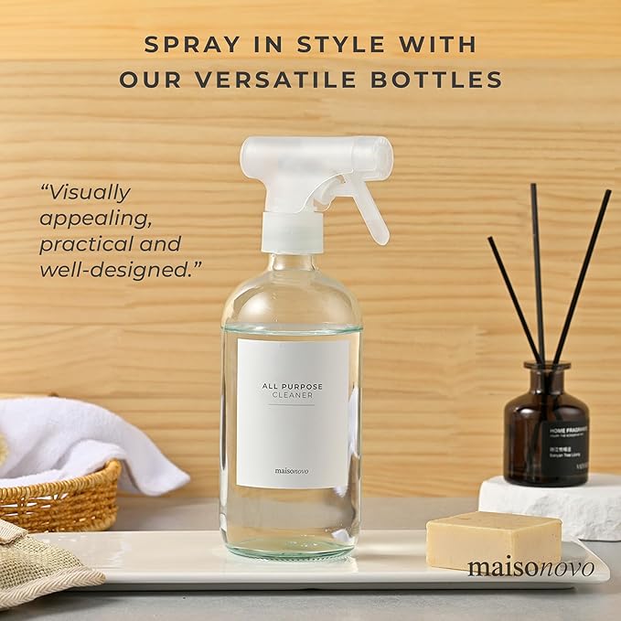 MaisoNovo Glass Spray Bottles for Cleaning - 16.9 fl oz Clear x 1 with 16 Labels