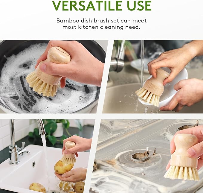 ÖkoStamm 4 Pack Bamboo Dish Brush, Dish Scrubber Brush with Sisal Bristle, Natural Scrub Brush for Kitchen Cleaning Dishes, Pots, Pans, Bottles, Vegetables