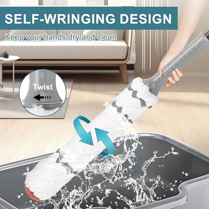 KeFanta Self-Wringing Twist Mops for Floor Cleaning, Microfiber Floor mop with 57 " Long Handle, Cotton Wet Mop for Hardwood Tile Kitchen Bathroom Patio Garage Commercial Household Clean