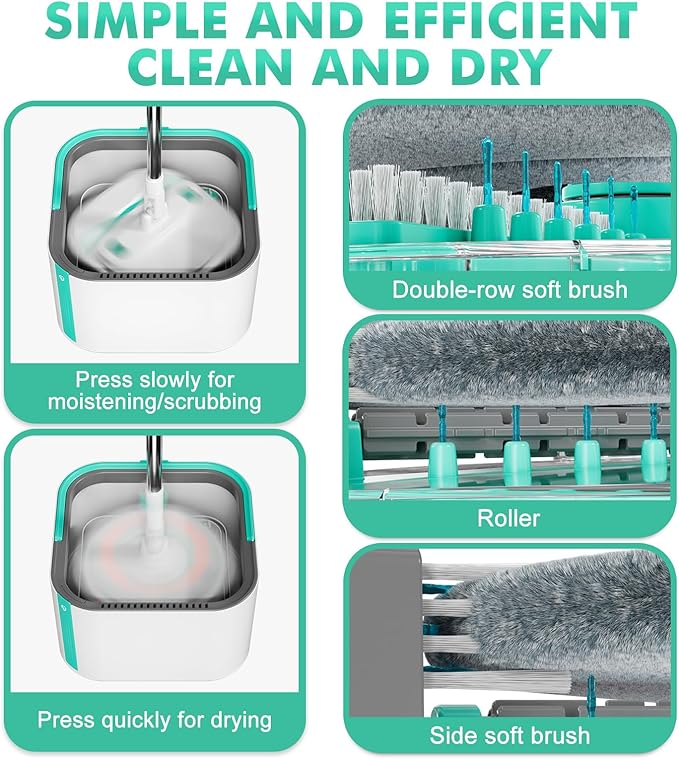 Upgraded Spin Mop and Bucket System Set, Self Separate Clean and Dirty Water, Foldable Square Standing Mop Head with Microfiber Mop Pads, Detachable Bucket (White+Blue, Mop Set with 6PC Pads)