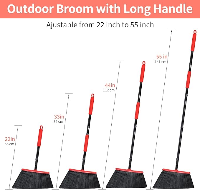 JEHONN Outdoor Broom Heavy Duty with 55 Inches Long Handle, Household Collapsible Angle Brush for Sweeping Indoor Kitchen Patio Shop Outside Garage Lobby Garden Deck Hardwood Floors