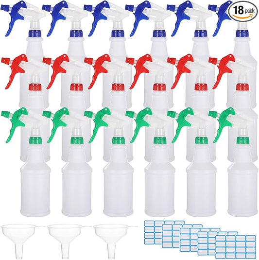 Lnrueg 18 PCS 16 oz Plastic Spray Bottles with 3 Funnels and 5 Stickers - PE Cleaning Gardening Spray Bottles with Adjustable Nozzles Red, Green, Blue