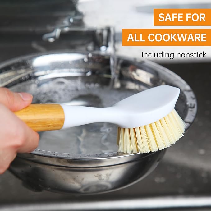 Cooptop 3 Pack Dish Brush Set with Bamboo Handle, Dish Scrubber Built-in Scraper, Kitchen Scrub Brush for Cleaning Cast Iron Cookware, Pans, Pots, Counter & Kitchen Sink (White)