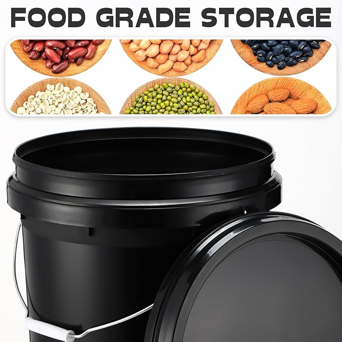 Vesici 6 Pack 5 Gallon Bucket Black Pail Storage Food Container Buckets with Lid Handle Heavy Duty Black Plastic Bucket with DIY Label Sticker for Home Improvement Household Cleaning Flour Rice