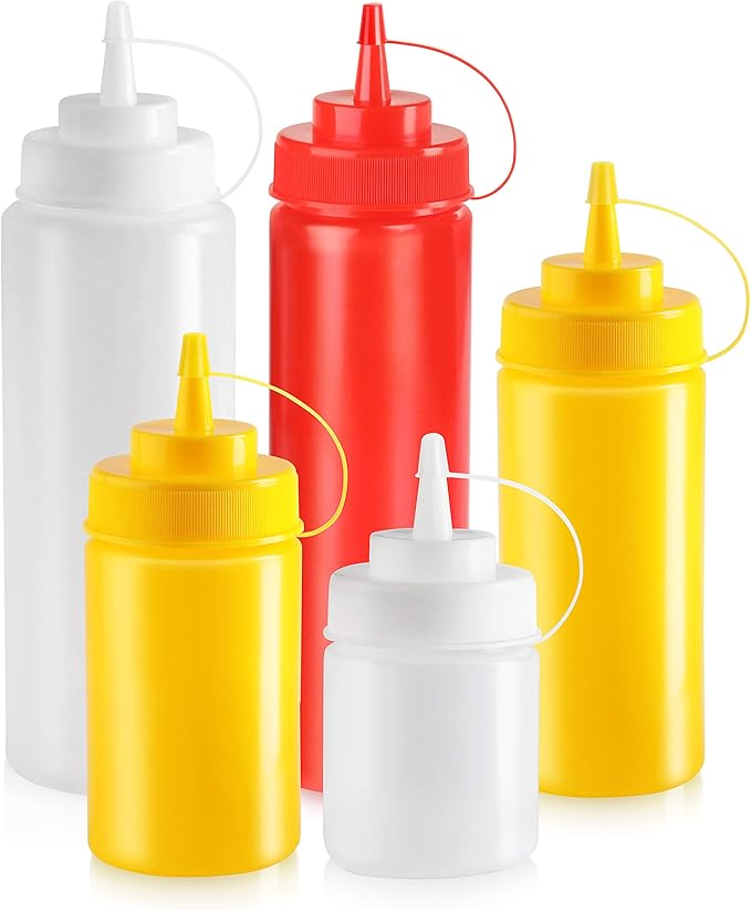 New Star Foodservice 26580 Plastic Squeeze Bottles with caps, Wide Mouth, 24 oz, Yellow, Pack of 6