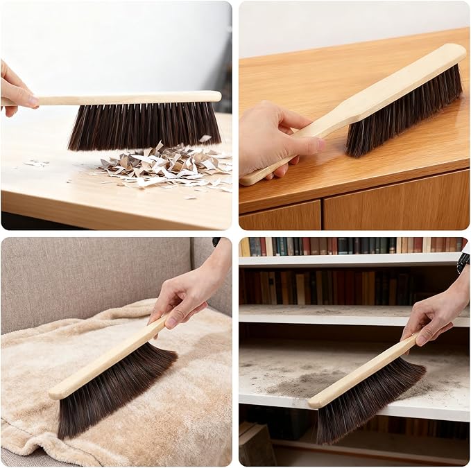 PercyEffie 8 PCS Wooden Dust Brush Bulk, Hand Broom Bench Brush with Long Wood Handle Whisk Broom, Soft Bristle Brushes for Counter/Bed/Sofa,Car/Clothes/Fireplace(Brown)