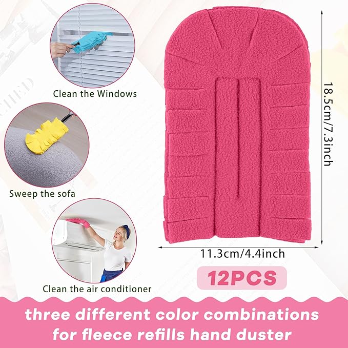 Zubebe 12 Pcs Duster Refill Reusable Fleece Duster Refills Feather Flat Dusters Multi Surface Washable Cleaning Pads Tools for Home, Blinds, Car, Pet, Furniture, Fans (Watermelon Red,Blue,Yellow)