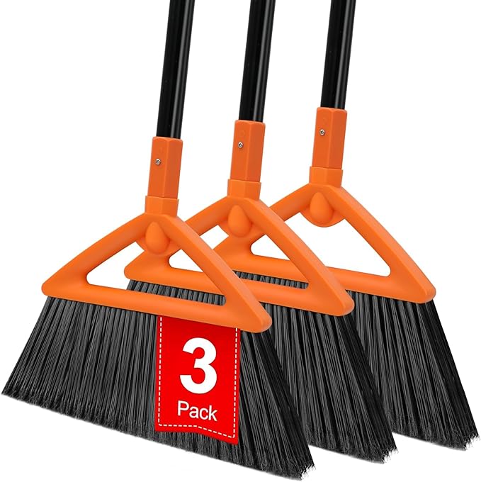 SZJYHQY 3 Pack Outdoor Indoor Broom, Brooms for Sweeeping Indoor, Heavy-Duty Kitchen Broom with Long Pole, Angle Broom Orange for Garages Restaurant Courtyard Office Slidewalk Lobby Sweep Dust