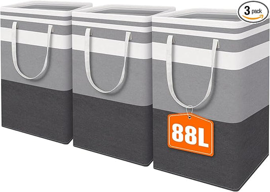 HomeHacks 3-Pack Large Laundry Basket, Waterproof, Freestanding Laundry Hamper, Collapsible Tall Clothes Hamper with Extended Handles for Clothes Toys in the Dorm and Family-(Gradient Grey, 88L)