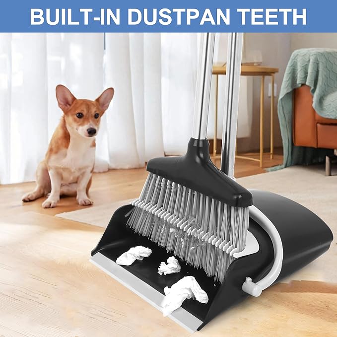 Broom and Dustpan Set with Long Handle, Upright Standing Design, Indoor Outdoor Cleaning Combo, Black and Gray