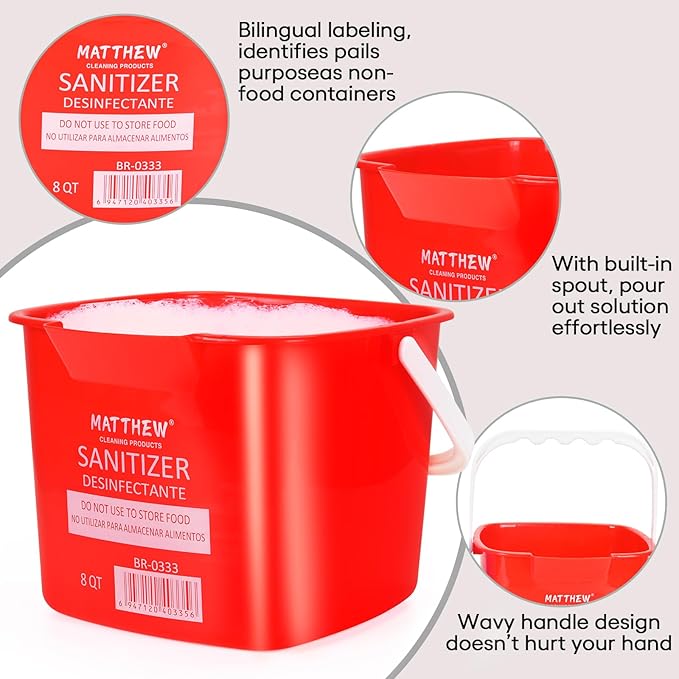 Matthew Detergent&Sanitizing Cleaning Bucket 8 Quart Plastic Pail,Set of 12 Square Containers,Built-In Spout w/Handle,Wash Rinse Sanitize Handwash Bucket for Home Commercial Restaurant (6 Red&6 Green)