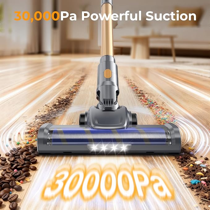Cordless Vacuum Cleaner, 30Kpa Vacuum Cleaners for Home, Stick Vacuum with LED Display, 2 Roller Brushes for Anti-Tangle & Hard Floor, 6 in 1 Lightweight Vacuum for Hard Floors Carpet Pet Hair