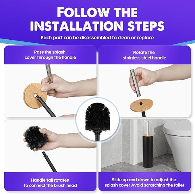 ODJSY Compact Toilet Brush & Holder,SetStainless Steel Handle Toilet Brush,Deep Cleaning,Durable Nylon Bristles,Splash-Proof Design(White&Black)