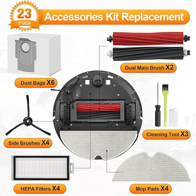 RUKHOOL Q5 Max+ Accessories Replacement Parts for Roborock Q5 Max+ Plus / Q8 Max+ Plus / Q5 Pro+ / Q5 DuoRoller+ Accessory Kit 2 Main Brushes 6 Dust Bags, 4 Filters, 4 Mop Pads 4 Side Brushes