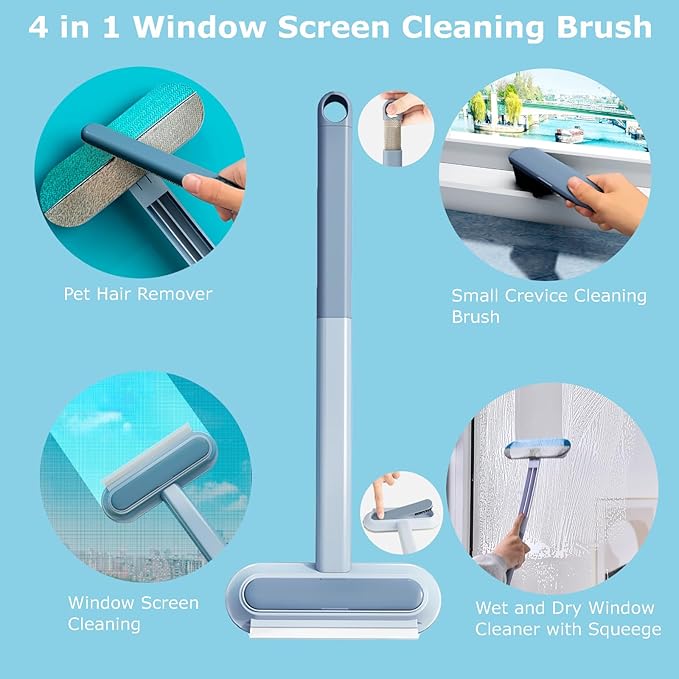 4 in 1 Window Screen Cleaning Brush with Handle, Wet and Dry Window Cleaner with Squeege, Dog and Cat Hair Remover, Suitable for Furniture, Carpet, Clothes, Bedding, Window Screen